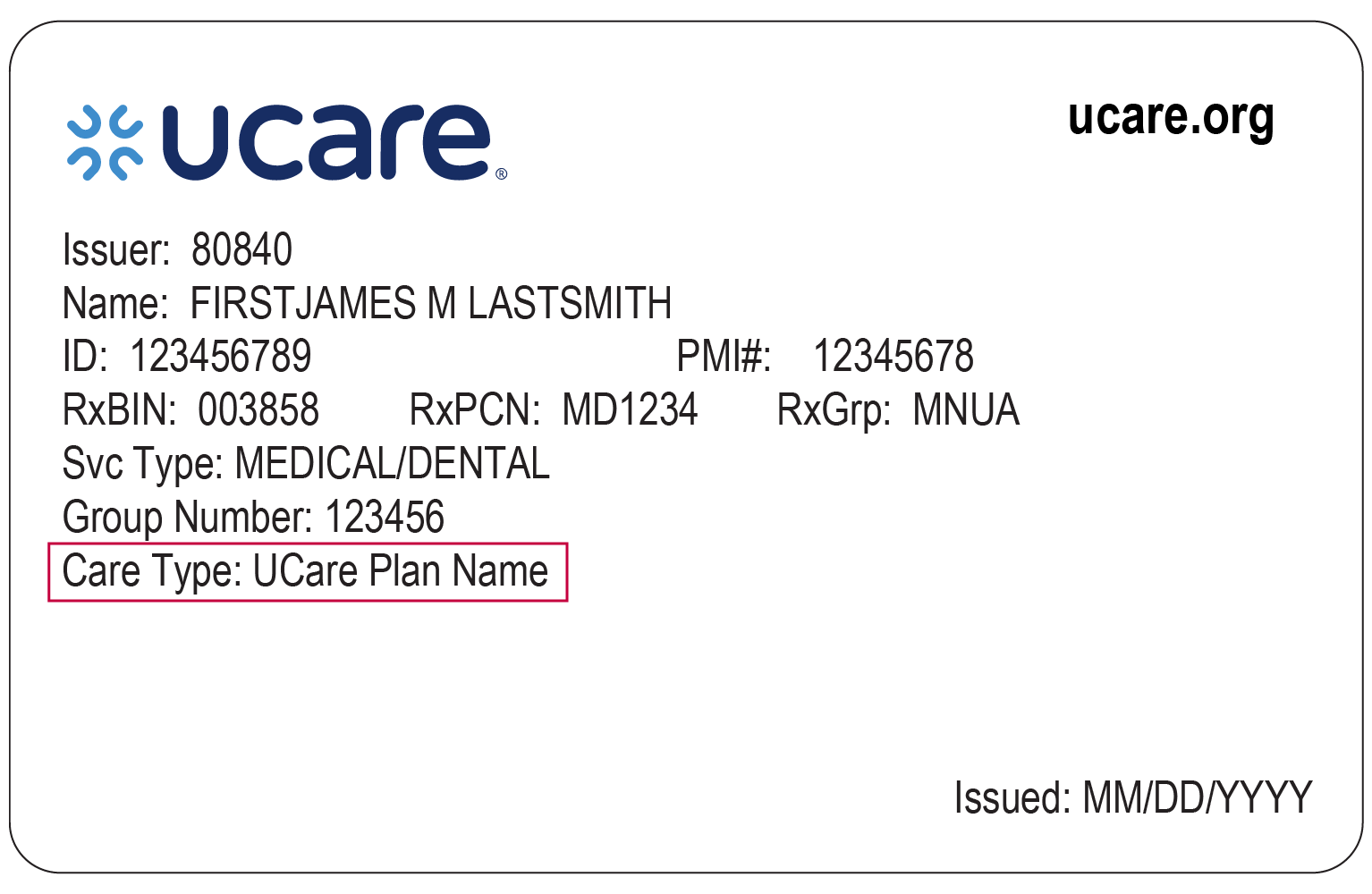 Sample of a UCare ID card with generic information